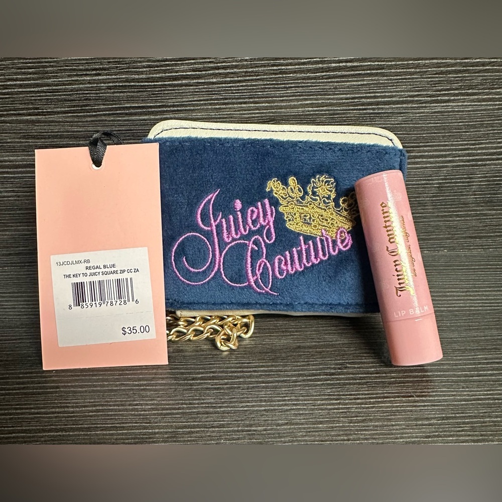 NWT The Key to Juicy "Regal Blue" Wallet w/Pink & Gold Detail Chain & Lip Balm - Picture 2 of 7